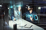 Virtual reality, business man and touch hologram in office by computer for statistics, analysis or data at night. Metaverse, vr and person with charts, futuristic technology and 3d global overlay.