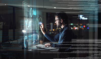 Buy stock photo Computer, hologram and touchscreen of business man with data analysis, digital coding and programming at night. holographic, software overlay of IT person, information technology research and desktop