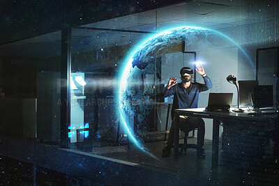 Buy stock photo Businessman, night or vr global network hologram for digital future technology, big data or virtual reality. Dark office, globe overlay or person in futuristic metaverse world, earth or 3d planet 