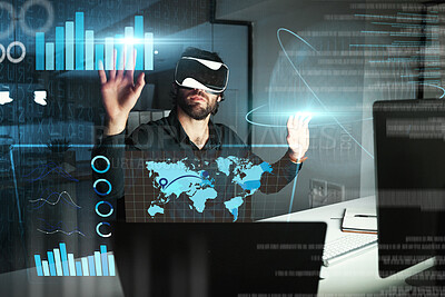 Buy stock photo Virtual reality, business man and touch graphs, statistics or data analysis at night in office. Metaverse, vr and person with charts, futuristic technology or digital hologram for 3d global overlay.