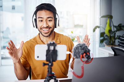 Buy stock photo Podcast, happy and live streaming with a man content creator recording a broadcast in his home office. Internet, freelance and subscription with a male vlogger or creator working in his studio