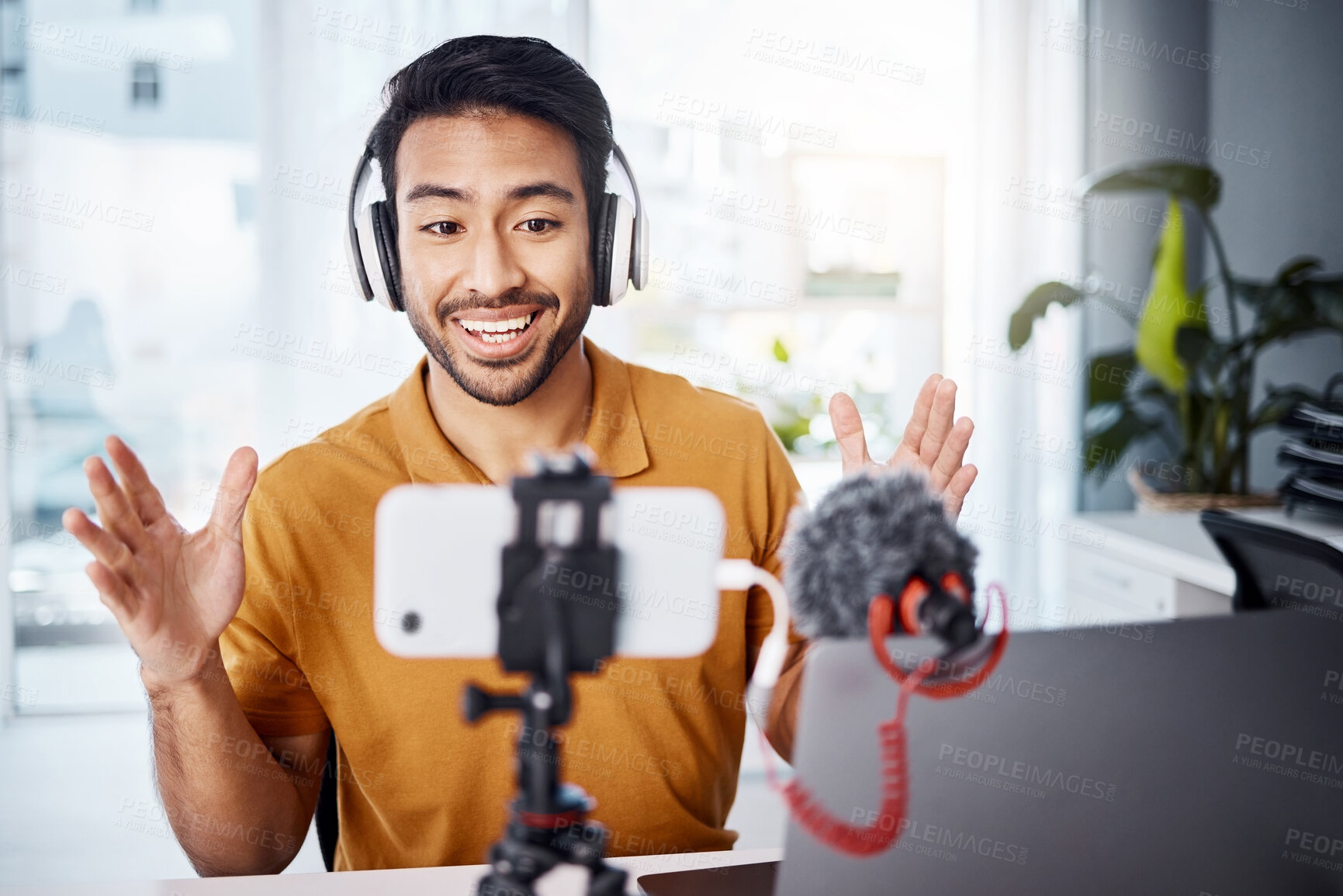 Buy stock photo Podcast, happy and live streaming with a man content creator recording a broadcast in his home office. Internet, freelance and subscription with a male vlogger or creator working in his studio