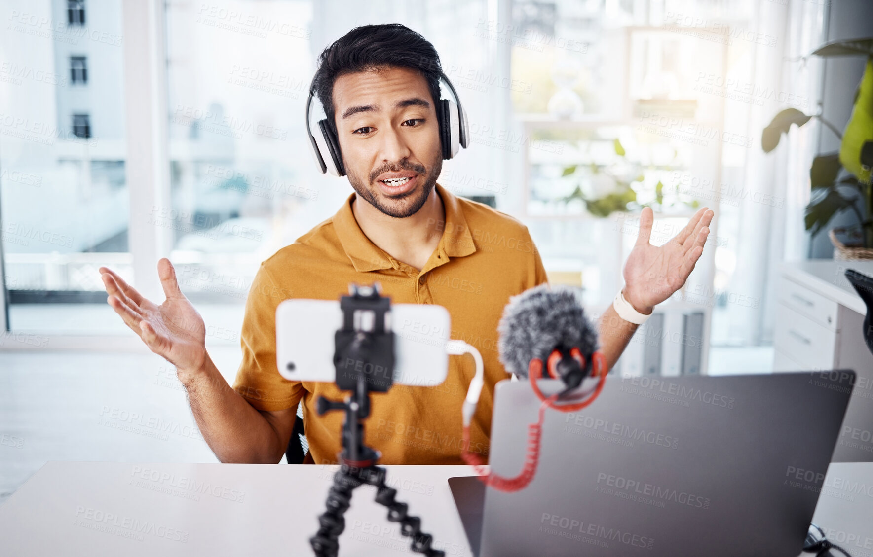 Buy stock photo Podcast, explain and influencer with a man content creator recording a broadcast in his home office. Internet, freelance and subscription with a male vlogger or streamer working in his studio