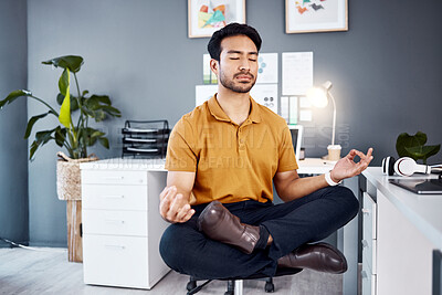 Buy stock photo Yoga, night and business man in office for mental health, relax and breathing exercise at a desk. Corporate, meditation and asian guy manager meditating for stress management, zen and peace in Japan