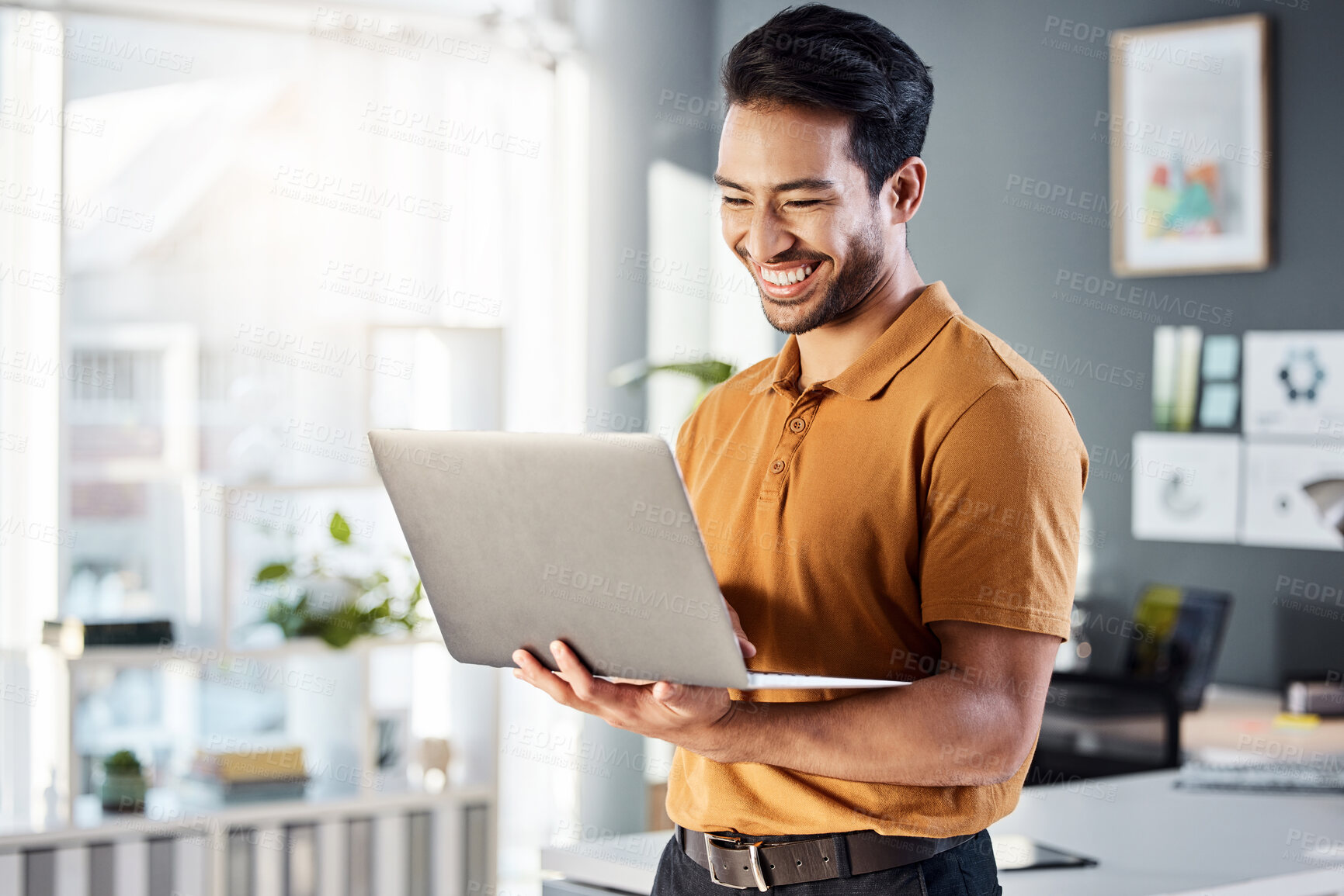 Buy stock photo Laptop, office and happy man for online planning, website design and software management at tech company. Creative asian person, designer or employee on computer or technology for web 3.0 review