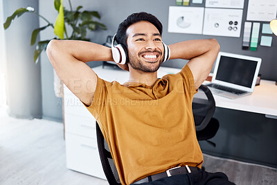 Buy stock photo Music, relax and happy man finished with business job, streaming podcast sound or radio song. Audio headphones, wellness mindset and office consultant, listening designer or male agent done with work