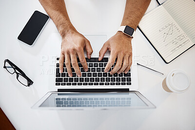 Buy stock photo Laptop, notebook and hands of a man typing while working on a corporate project in the office. Technology, keyboard and top view closeup of a professional male doing research for report in workplace.
