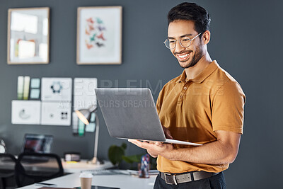 Buy stock photo Happy, laptop and corporate man in office smile, confident and excited against blurred wall background. Idea, vision and asian businessman online for planning, goal and design agency startup in Japan