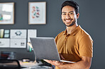 Portrait, laptop and happy man in office smile, confident and excited against blurred wall background. Face, smile and asian businessman online for planning, goal and design agency startup in Japan