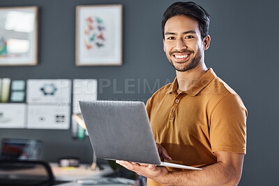 Buy stock photo Portrait, laptop and happy man in office smile, confident and excited against blurred wall background. Face, smile and asian businessman online for planning, goal and design agency startup in Japan