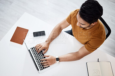 Buy stock photo Top view, business man typing and laptop in office for planning schedule, web research and seo job. Businessman, computer or website management in startup company for analysis, focus or communication