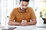 Business, office and man praying, faith and hope for career, job or work opportunity with god help, support or gratitude. Trust, worship and young person with prayer hands or sign for religion