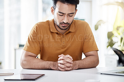 Buy stock photo Business, office and man praying, faith and hope for career, job or work opportunity with god help, support or gratitude. Trust, worship and young person with prayer hands or sign for religion