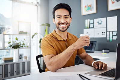 Buy stock photo Morning portrait, coffee or happy man, office agent or consultant smile for career, job or project satisfaction. Tea cup drink, hydration or person with work happiness, entrepreneurship or confidence