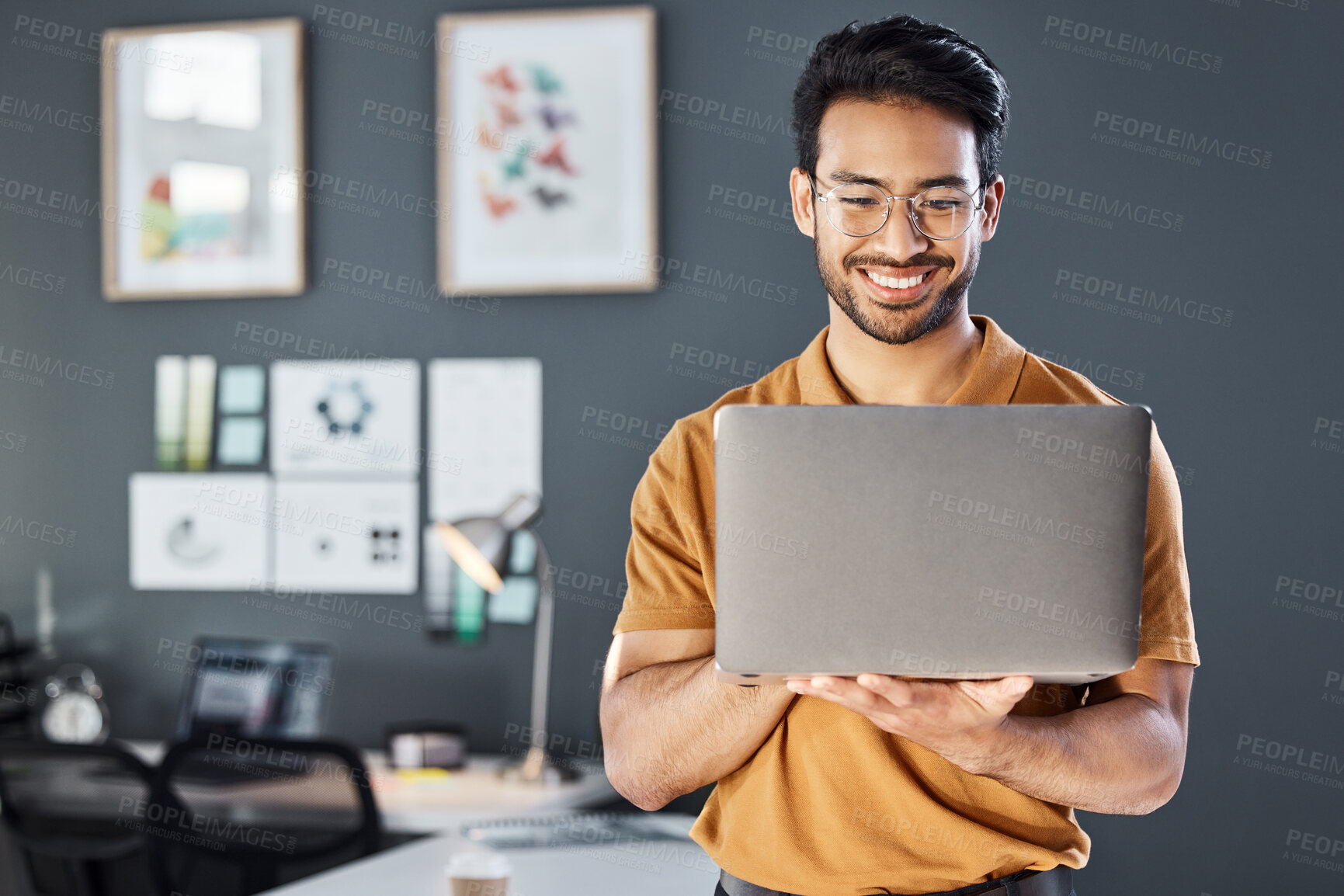 Buy stock photo Research, laptop and happy man in office thinking, smile and excited on blurred wall background. Leader, vision and asian businessman online for planning, goal or design agency startup in Japan