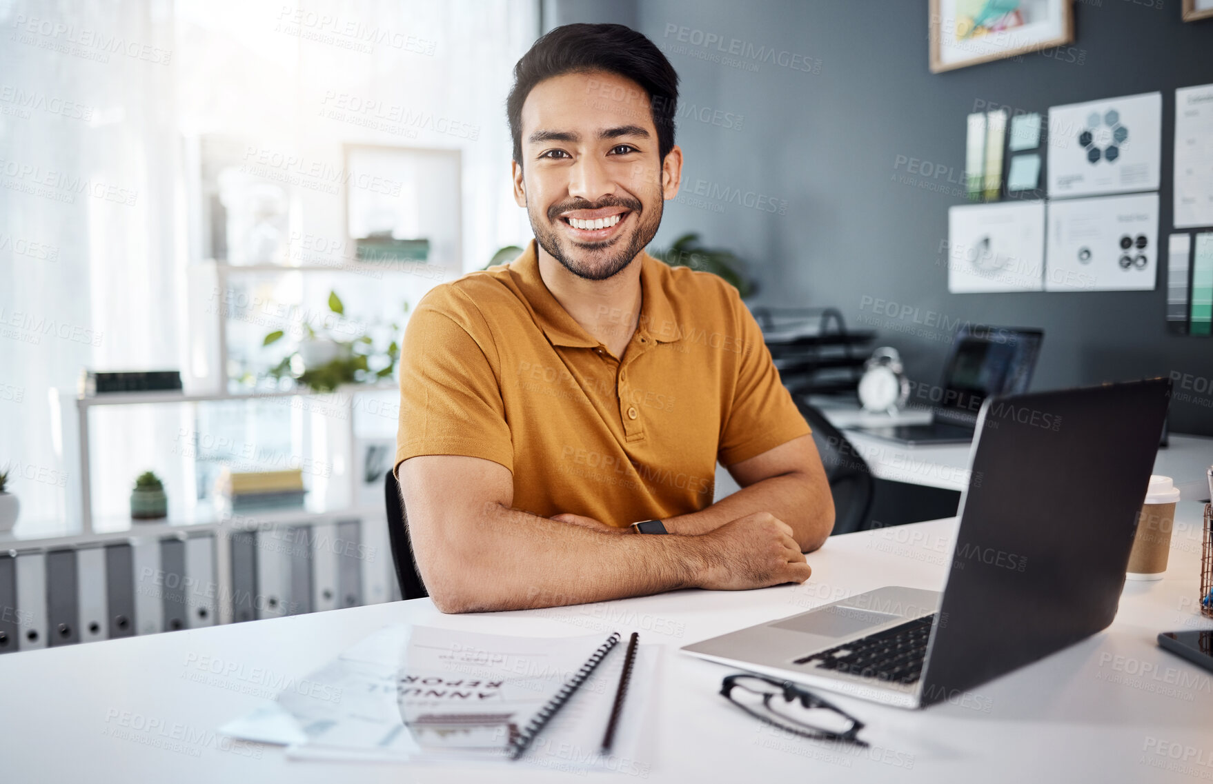 Buy stock photo Happy, smile and portrait of a businessman in the office with a laptop working on a corporate project. Happiness, confidence and professional male employee doing research on computer in the workplace