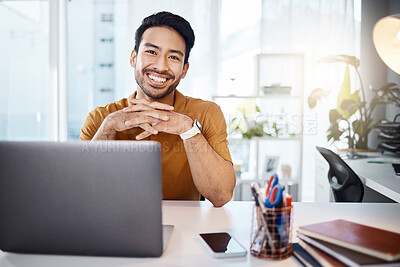 Buy stock photo Success, confidence and portrait of a businessman in the office with a laptop working on a corporate project. Happy, smile and professional male employee doing research on computer in the workplace.