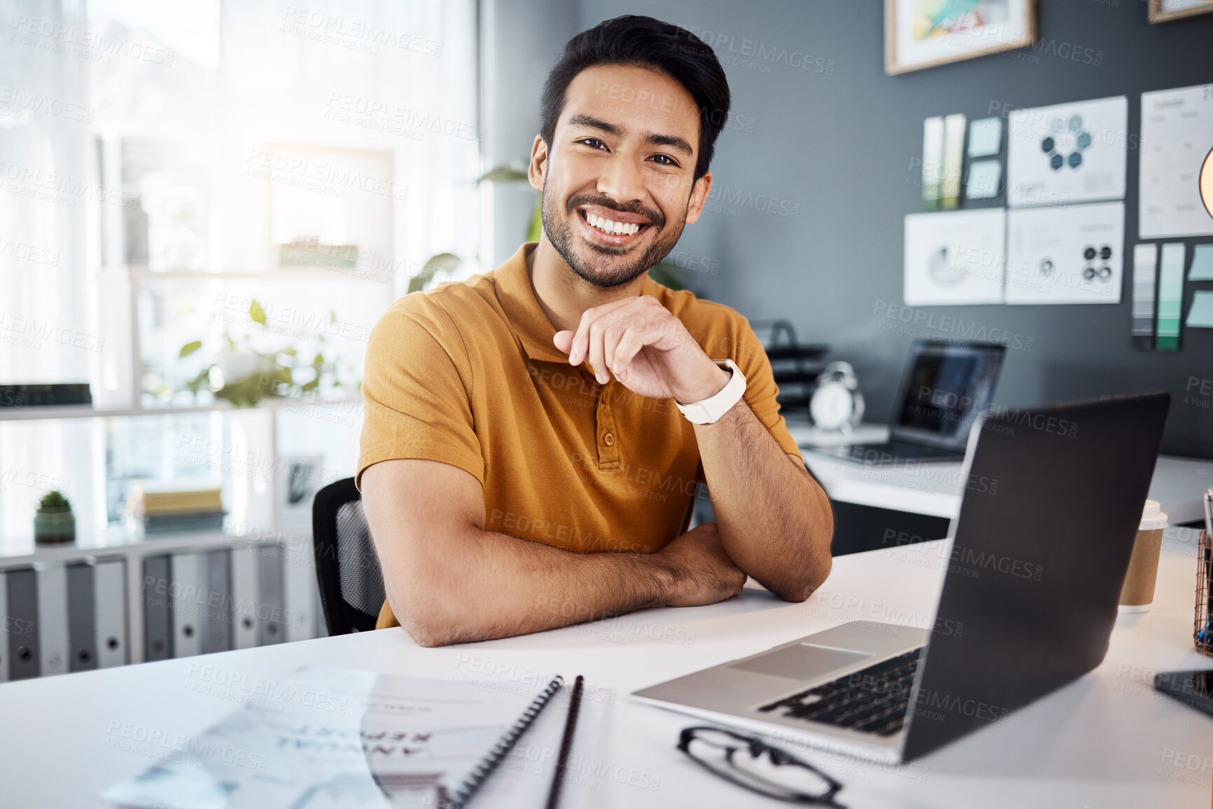 Buy stock photo Smile, confidence and portrait of a man in the office with a laptop working on a corporate project. Happy, success and professional male employee doing business research on computer in the workplace.