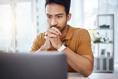 Buy stock photo Laptop, business and Asian man with focus, thinking and ideas for new project, creativity or online reading. Male entrepreneur, professional or worker with technology, decision or choices for startup