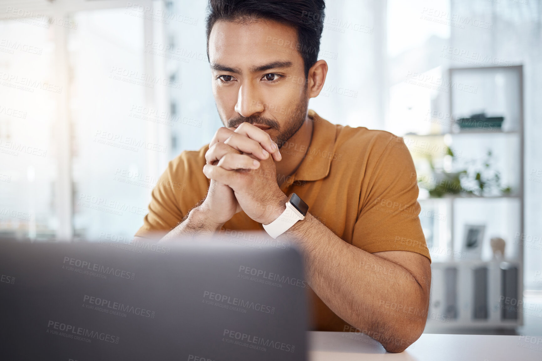 Buy stock photo Laptop, business and Asian man with focus, thinking and ideas for new project, creativity or online reading. Male entrepreneur, professional or worker with technology, decision or choices for startup