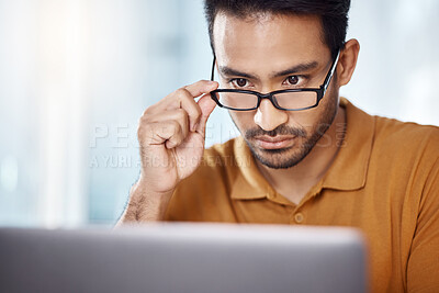 Buy stock photo Business, glasses and man with a focus, online reading and check website for information. Male employee, consultant and worker with eyewear, clear vision and thinking for new project and research