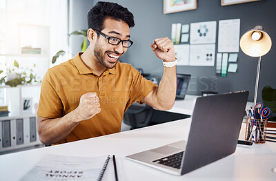 Buy stock photo Yes, winning and business man on laptop reading news, results or email of bonus, promotion or office success. Celebration, cheers and happy asian person or winner fist pump and celebrate on computer