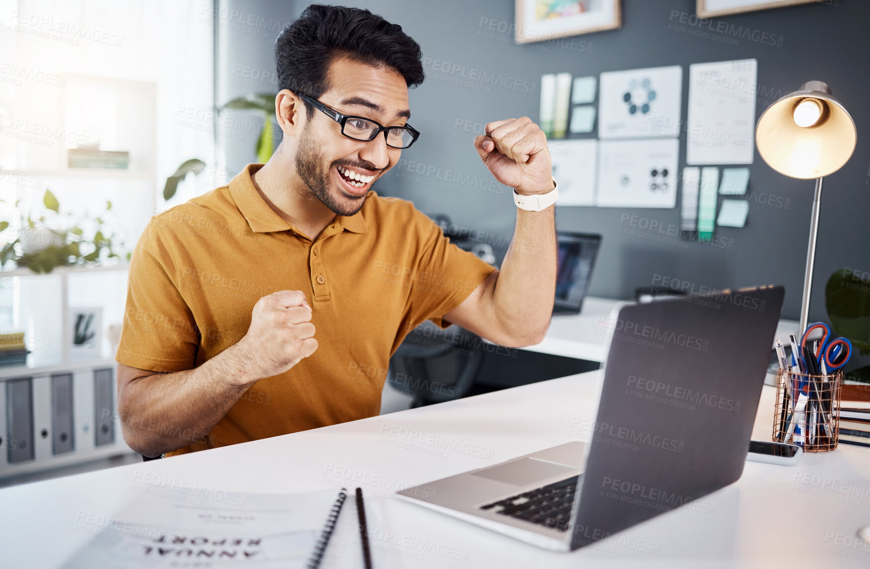 Buy stock photo Yes, winning and business man on laptop reading news, results or email of bonus, promotion or office success. Celebration, cheers and happy asian person or winner fist pump and celebrate on computer