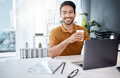 Buy stock photo Portrait, business and Asian man with a smile, laptop and connection with coffee, startup and creativity. Face, male employee or entrepreneur with happiness, cappuccino and technology for new project