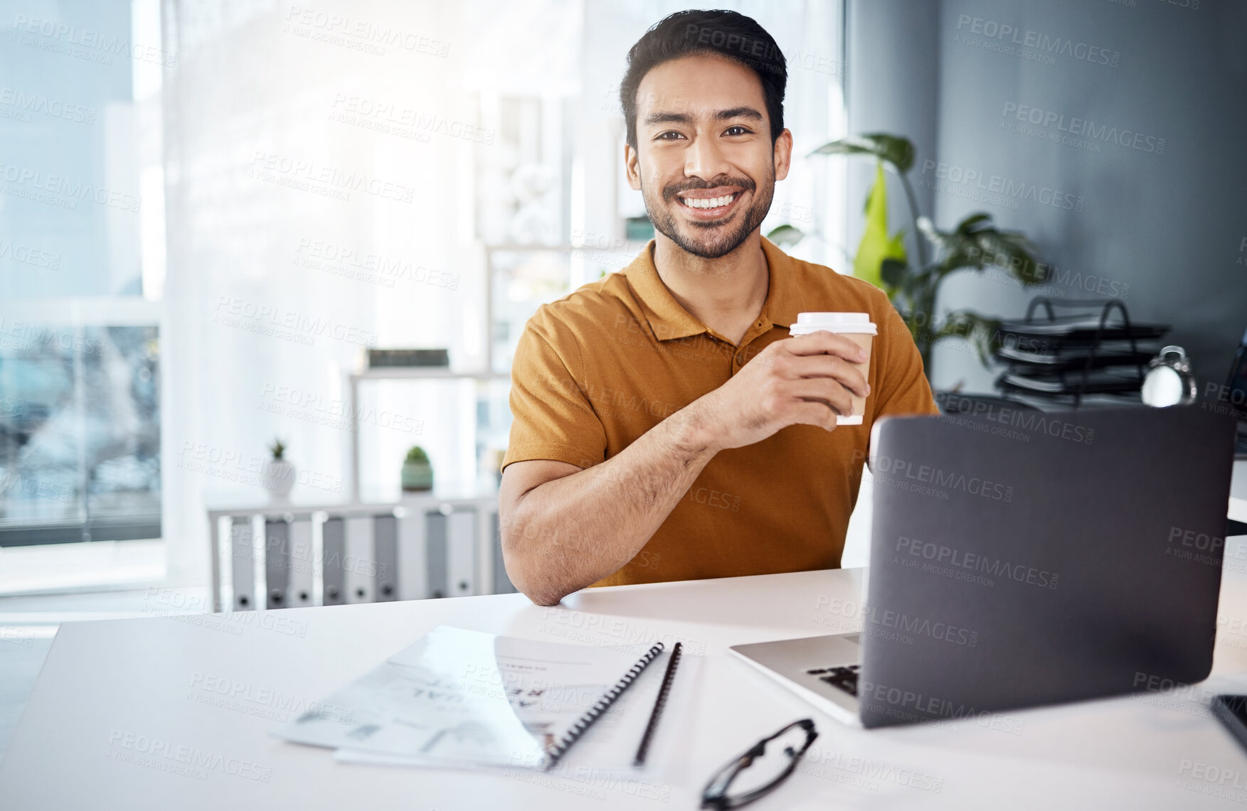 Buy stock photo Portrait, business and Asian man with a smile, laptop and connection with coffee, startup and creativity. Face, male employee or entrepreneur with happiness, cappuccino and technology for new project