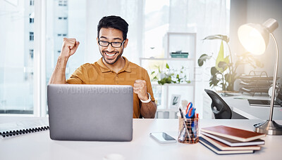 Buy stock photo Winner, computer and business man winning with news, results and yes for bonus, promotion or success in office. Celebration, cheers and happy asian person or winner fist pump and celebrate on laptop