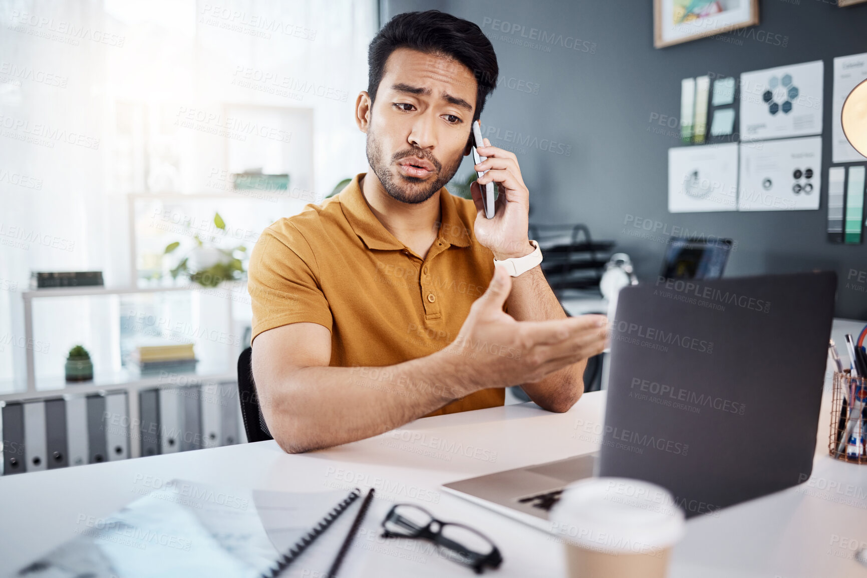 Buy stock photo Phone call, stress and Asian man with glitch on laptop for 404 problem, mistake and error in office. Communication, business and male worker on computer talking, frustrated and consulting for help