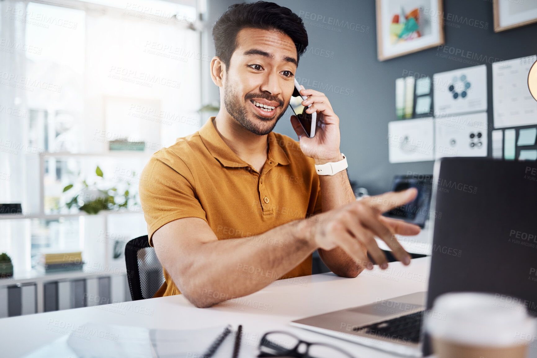 Buy stock photo Phone call, happy and communication with a business man chatting while working at his desk in the office. Mobile, contact and planning with a young male employee chatting or networking for strategy