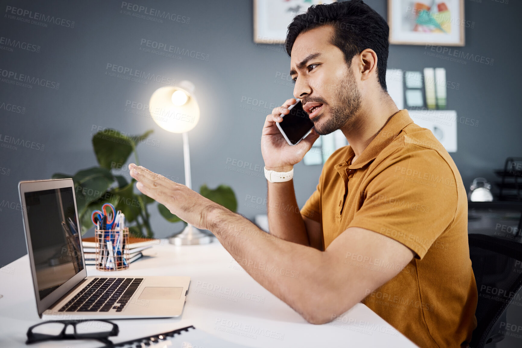 Buy stock photo Phone call, frustrated and Asian man with problem on laptop with glitch, mistake and error in office. Communication, business and male worker on computer talking, confused and consulting for help