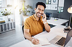 Happy man, phone call and planning in office or business discussion, online chat and laptop fir project. Portrait of Asian person or digital designer communication, writing with notebook and computer