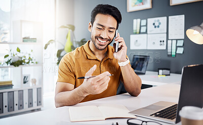 Buy stock photo Phone call, happy and strategy with a business man chatting while working at his desk in the office. Mobile, contact and communication with a young male employee chatting or networking for planning