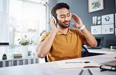 Buy stock photo Man, remote work and headphones while listening to music, happy and enjoy audio playlist. Male copywriter with eyes closed, freelance and blogger working from home, technology and online streaming