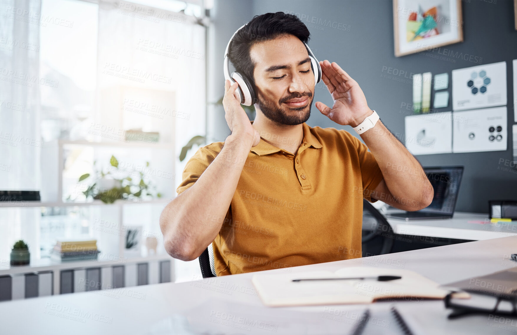 Buy stock photo Man, remote work and headphones while listening to music, happy and enjoy audio playlist. Male copywriter with eyes closed, freelance and blogger working from home, technology and online streaming