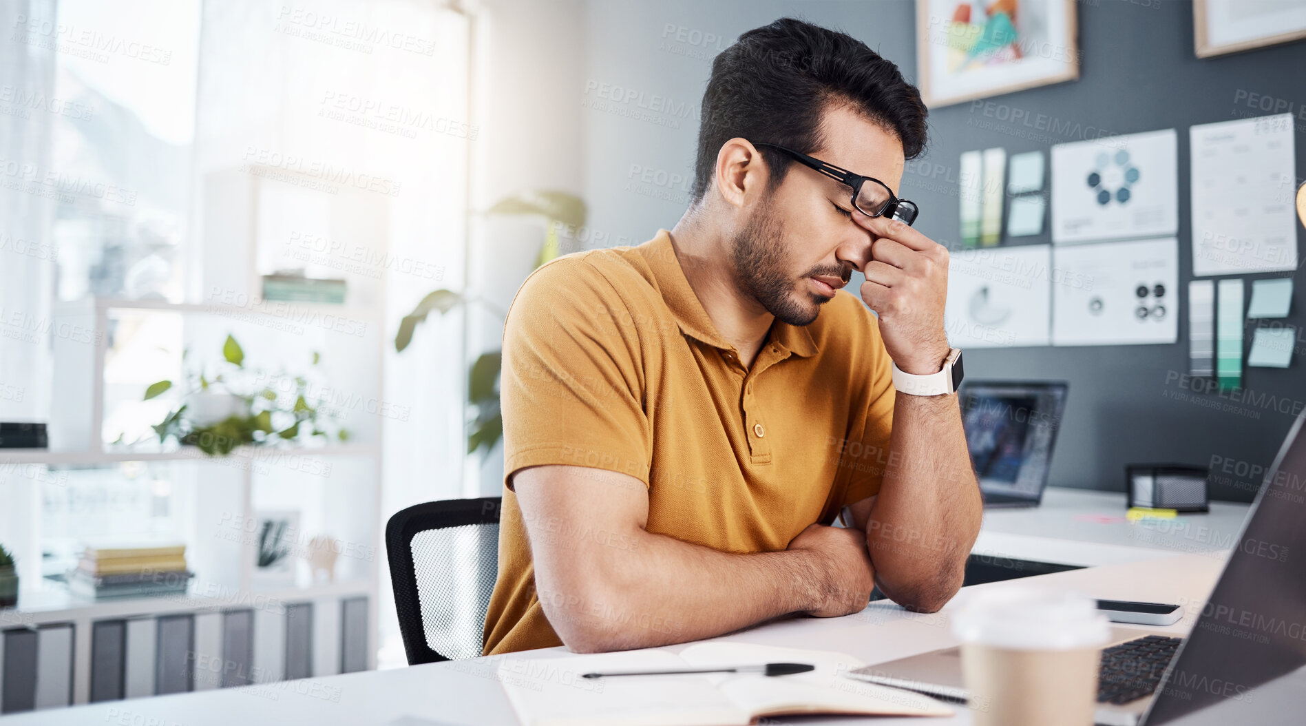 Buy stock photo Headache, office burnout and man with mistake, pain or stress from software system error. Mental health, 404 laptop glitch and business person with depression, emergency or tension problem