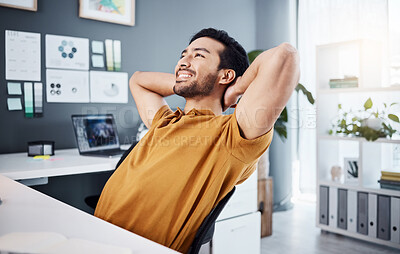 Buy stock photo Happy, business and Asian man relax, rest and stretching in workplace, happiness and calm thinking. Male employee, creative and worker with smile, creativity and brainstorming for project or thoughts