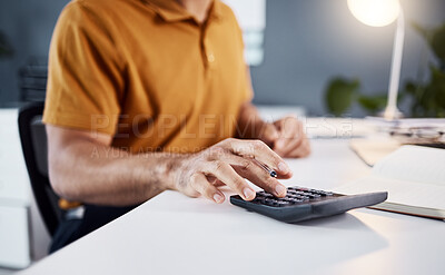 Buy stock photo Calculator, finance and business man hands for financial budget, profit check or accounting in office at night. Person or startup entrepreneur in closeup calculating numbers for taxes, debt or growth