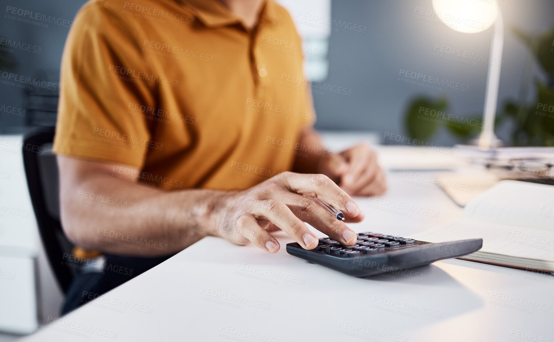 Buy stock photo Calculator, finance and business man hands for financial budget, profit check or accounting in office at night. Person or startup entrepreneur in closeup calculating numbers for taxes, debt or growth