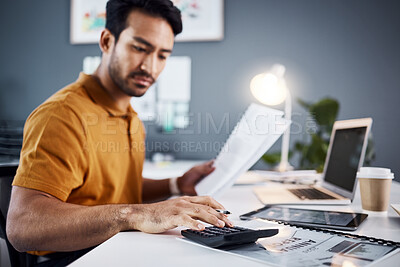 Buy stock photo Documents, planning and business man with calculator for budget report, accounting review and financial management. Calculating, debt paperwork and accountant, entrepreneur or person finance or taxes