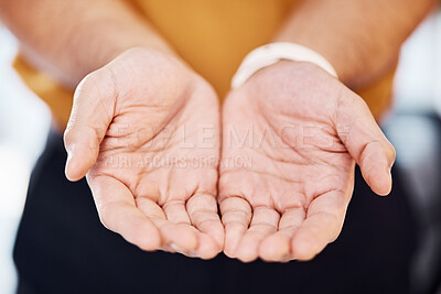 Buy stock photo Closeup, charity and hands for begging, help and community with support, kindness and compassion. Zoom, hand and palms with poverty, ask for aid and gratitude with hope, receive donation and trust