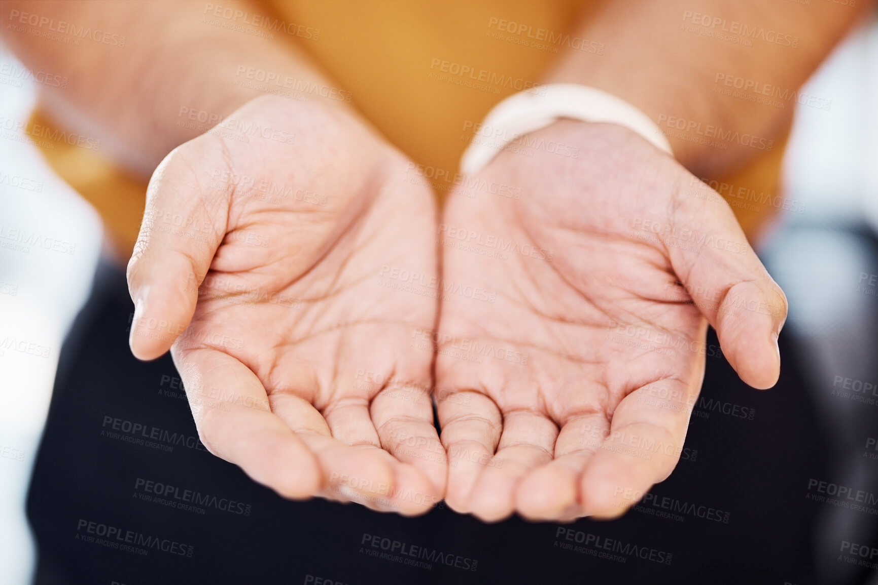 Buy stock photo Closeup, charity and hands for begging, help and community with support, kindness and compassion. Zoom, hand and palms with poverty, ask for aid and gratitude with hope, receive donation and trust