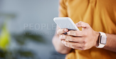 Buy stock photo Phone, communication and hands of man typing, networking and search website, app or online social media. URL internet mockup, mobile smartphone and person texting, message or contact cellphone user