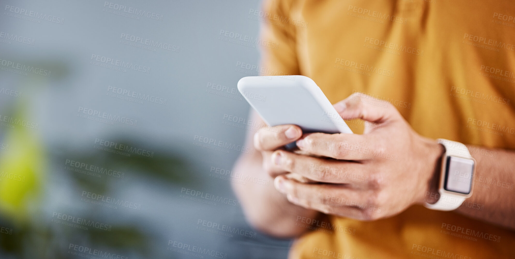 Buy stock photo Phone, communication and hands of man typing, networking and search website, app or online social media. URL internet mockup, mobile smartphone and person texting, message or contact cellphone user