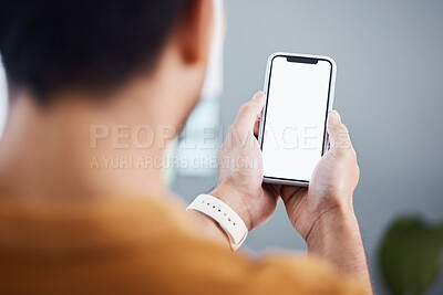 Buy stock photo Man, hands and phone with screen mockup for advertising, marketing or social media at the office. Hand of male employee holding mobile smartphone display for communication or app with copy space