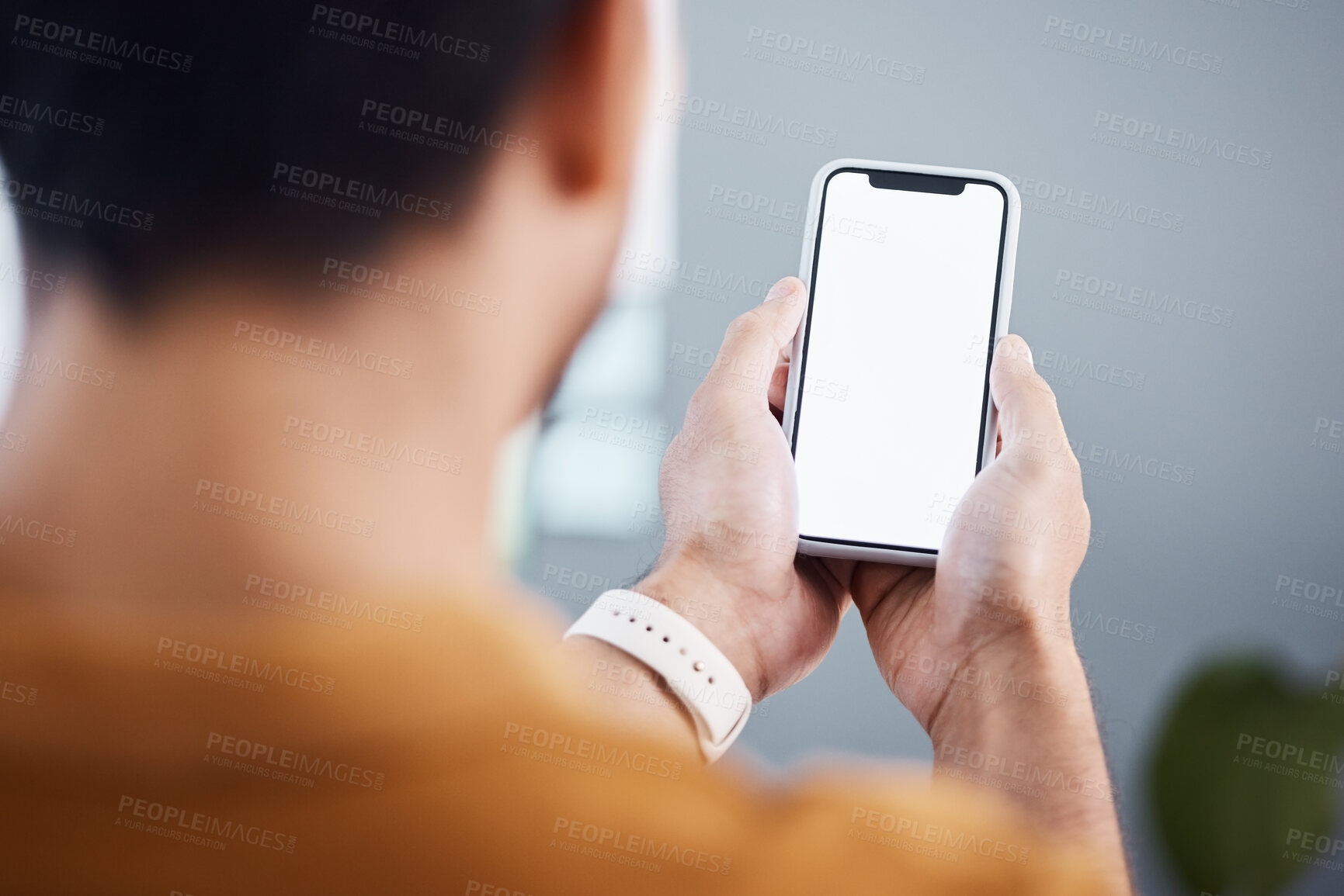 Buy stock photo Man, hands and phone with screen mockup for advertising, marketing or social media at the office. Hand of male employee holding mobile smartphone display for communication or app with copy space