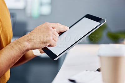 Buy stock photo Man, hands and tablet with mockup screen for research, advertising or marketing at the office desk. Hand of male working on technology display for copy space in digital planning at the workplace