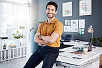 Office portrait, arms crossed and happy man, agent or consultant smile for career, job or workplace satisfaction. Professional, vocation and relax person with happiness, commitment or HR confidence